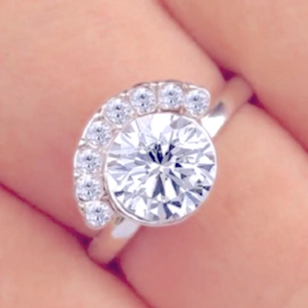 NEW 2Ct Half Moon Rhodium 925‎ Silver Simulated Diamond, Size 9